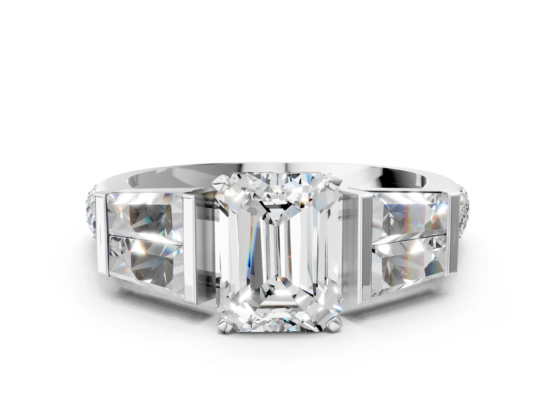 White gold Emerald Cut Diamond Engagement Ring with Baguette Side Stones and Channel Set Band_73