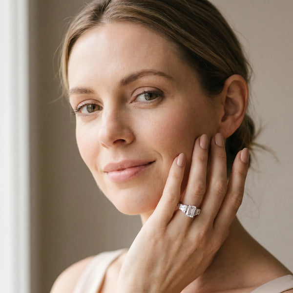 White Gold Emerald Cut Engagement Ring Setting with Channel Set Baguettes and Accented Band