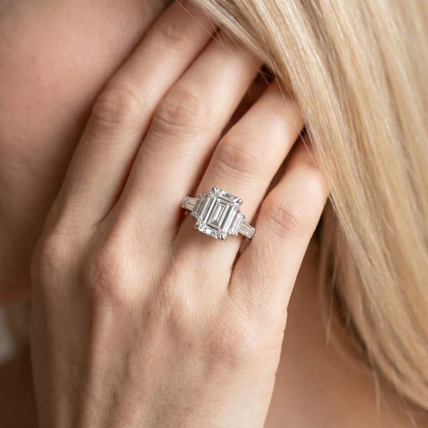 White Gold Emerald Cut Engagement Ring Setting with Channel Set Baguettes and Accented Band