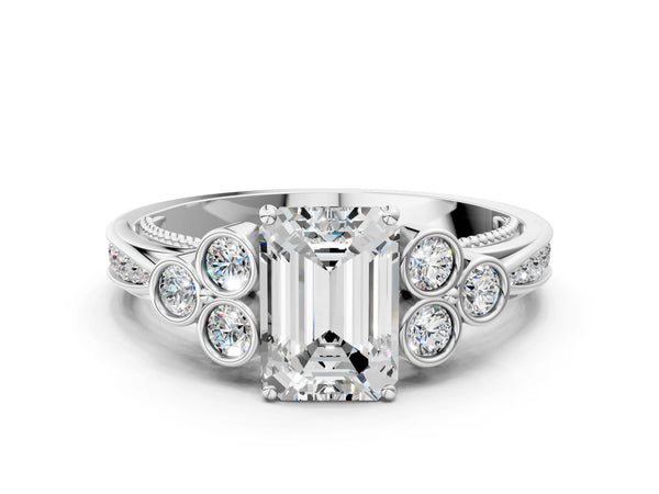 Platinum Emerald Cut Vintage Engagement Ring Setting with Bezel-Set Shoulder Clusters and Milgrain