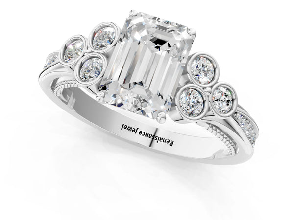 Platinum Emerald Cut Vintage Engagement Ring Setting with Bezel-Set Shoulder Clusters and Milgrain