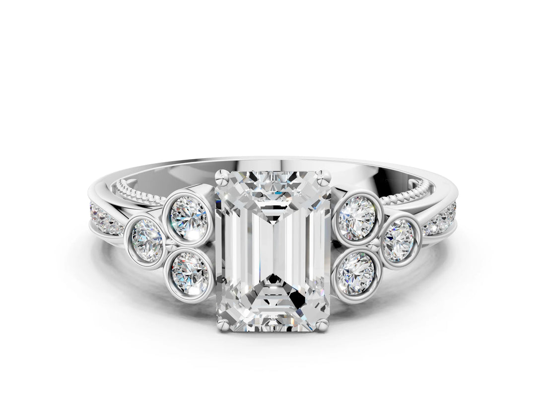 White gold Emerald Cut Diamond Engagement Ring with Bezel Set Round Side Stones and Prong Setting_73