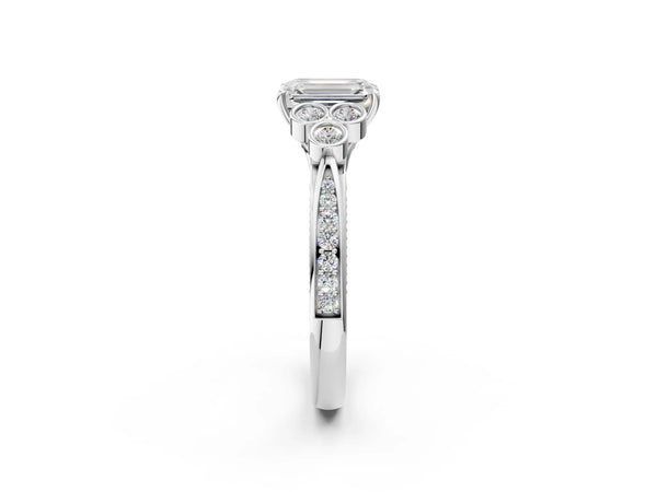 Platinum Emerald Cut Vintage Engagement Ring Setting with Bezel-Set Shoulder Clusters and Milgrain