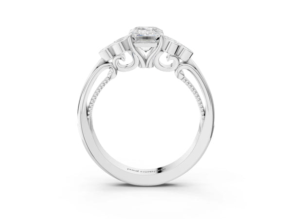 Platinum Emerald Cut Vintage Engagement Ring Setting with Bezel-Set Shoulder Clusters and Milgrain