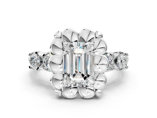 White gold Emerald Cut Diamond Floral Halo Engagement Ring with Shared Prong Setting