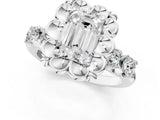 White gold Emerald Cut Diamond Floral Halo Engagement Ring with Shared Prong Setting 2