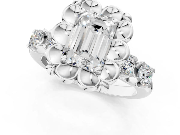 White gold Emerald Cut Diamond Floral Halo Engagement Ring with Shared Prong Setting