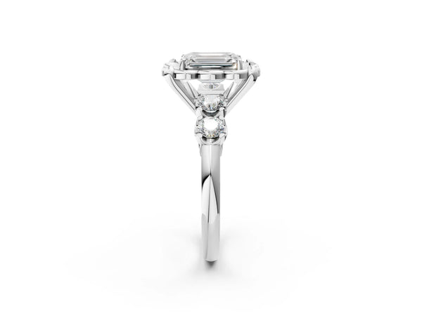 White gold Emerald Cut Diamond Floral Halo Engagement Ring with Shared Prong Setting