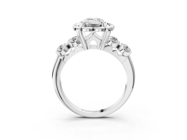 White gold Emerald Cut Diamond Floral Halo Engagement Ring with Shared Prong Setting