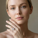 White gold Emerald Cut Diamond Floral Halo Engagement Ring with Shared Prong Setting_13