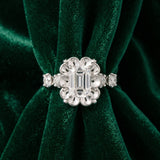 White gold Emerald Cut Diamond Floral Halo Engagement Ring with Shared Prong Setting_15