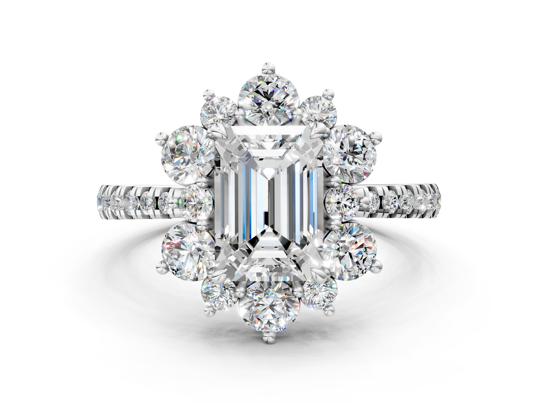 White gold Emerald Cut Diamond Floral Halo Pave Band with Prong Setting_37