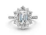 White gold Emerald Cut Diamond Floral Halo Pave Band with Prong Setting_37