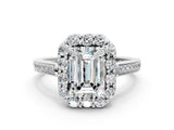 White gold Emerald Cut Diamond Floral Halo Ring with Pavé Band and Prong Setting_10
