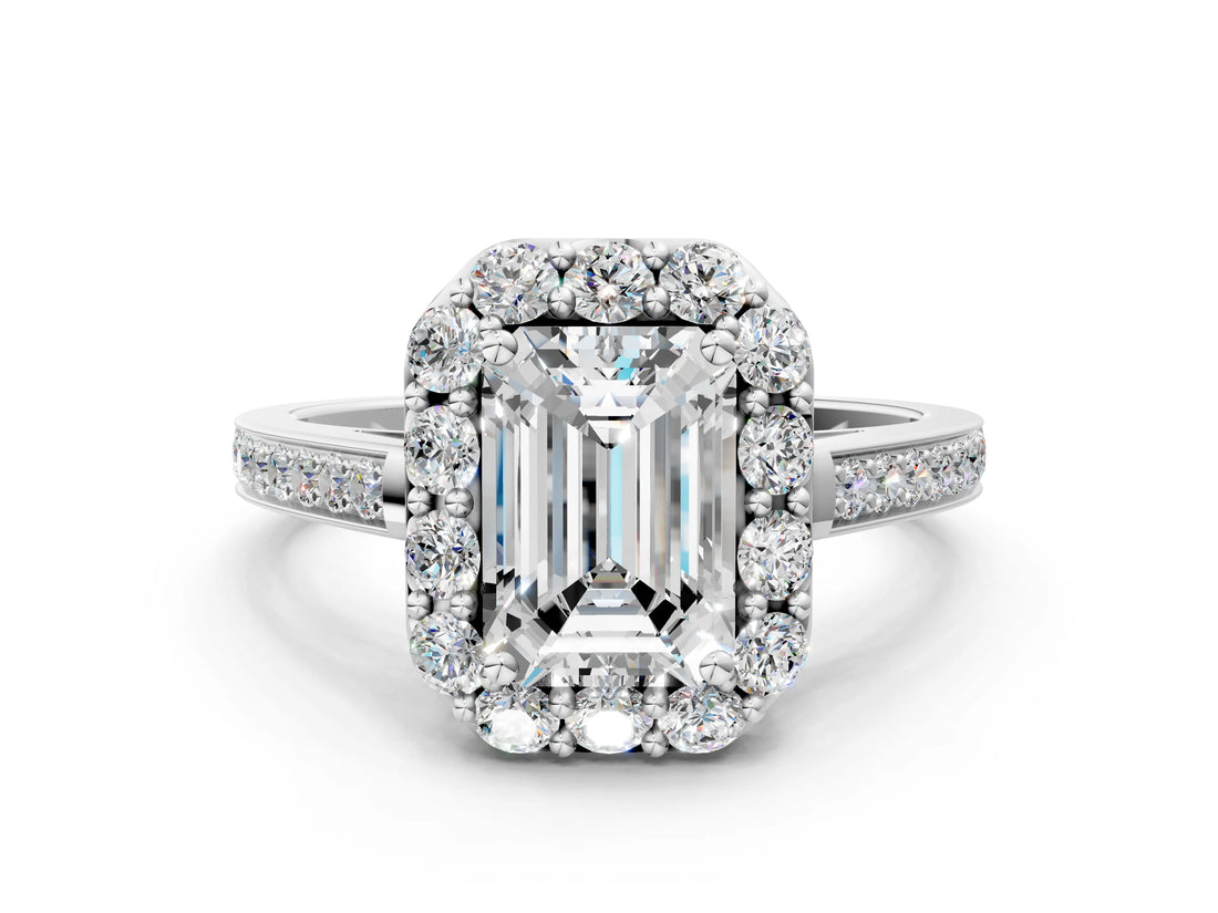 White gold Emerald Cut Diamond Floral Halo Ring with Pavé Band and Prong Setting_10