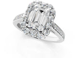 White gold Emerald Cut Diamond Floral Halo Ring with Pavé Band and Prong Setting_11