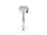White gold Emerald Cut Diamond Floral Halo Ring with Pavé Band and Prong Setting_12
