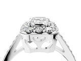 White gold Emerald Cut Diamond Floral Halo Ring with Pavé Band and Prong Setting_14