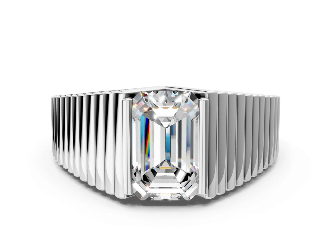 White gold Emerald Cut Diamond Fluted Mens Ring_12