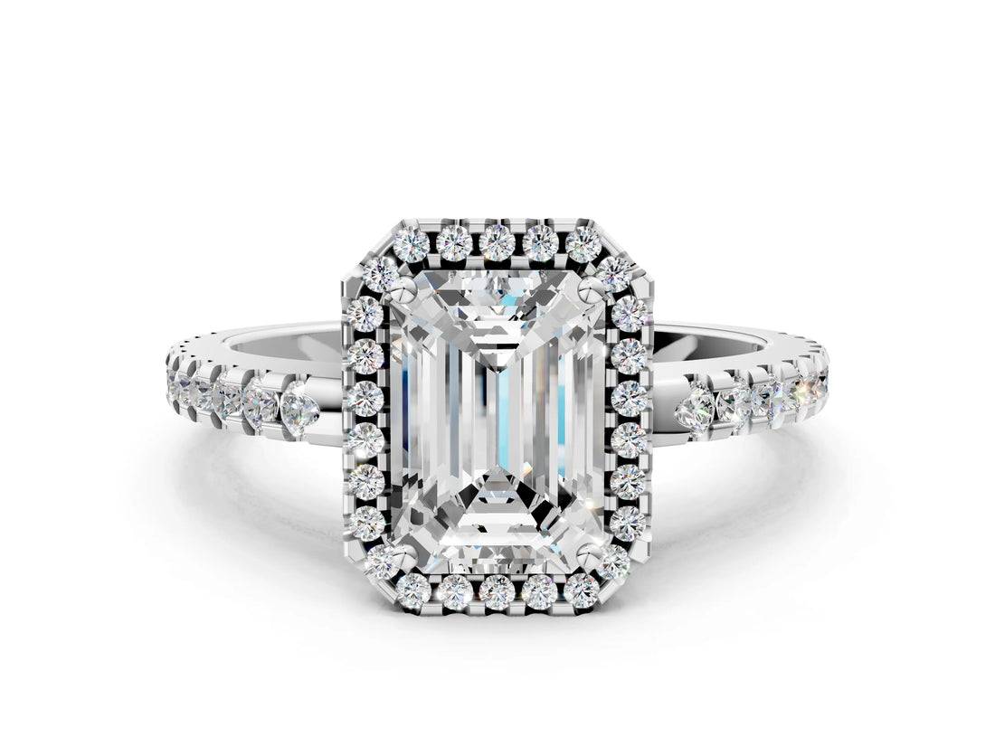 White gold Emerald Cut Diamond Halo Engagement Ring with Pavé Band and Prong Setting_27