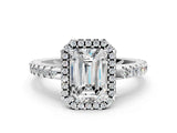 White gold Emerald Cut Diamond Halo Engagement Ring with Pavé Band and Prong Setting_27