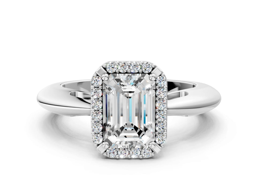 White gold Emerald Cut Diamond Halo Engagement Ring with Split Shank and Four-Prong Setting_114