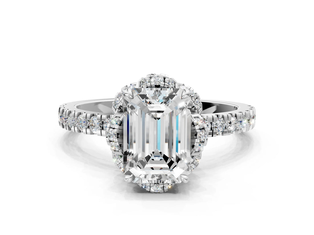 White gold Emerald Cut Diamond Halo Pave Band with Four-Prong Setting_3