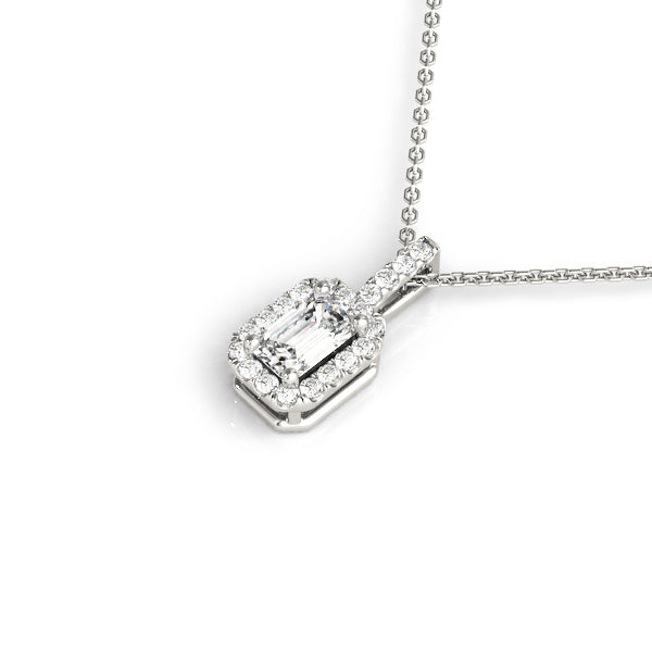 Silver Emerald Cut Diamond Halo Pendant with Prong Setting