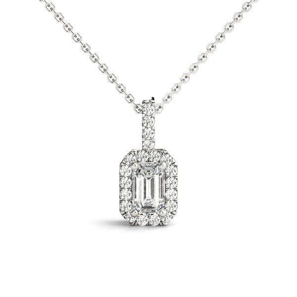Silver Emerald Cut Diamond Halo Pendant with Prong Setting