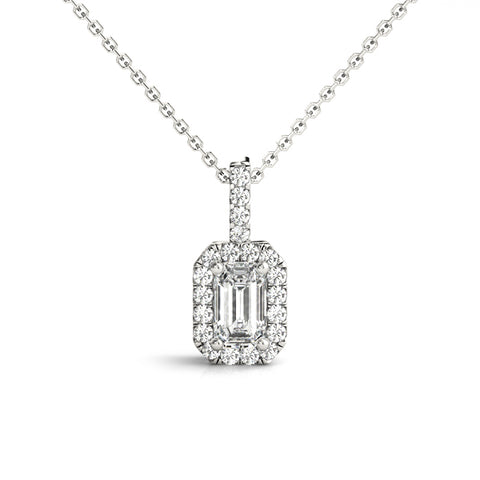 White gold Emerald Cut Diamond Halo Pendant with Prong Setting