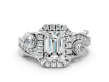 White gold Emerald Cut Diamond Halo Ring with Milgrain Pavé Band and Four-Prong Setting_46