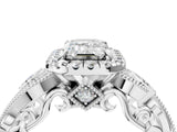 White gold Emerald Cut Diamond Halo Ring with Milgrain Pavé Band and Four-Prong Setting_50
