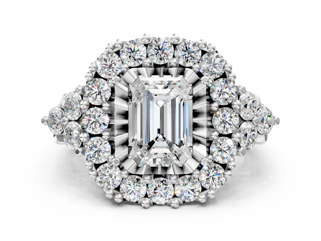 White gold Emerald Cut Diamond Halo Ring with Pavé Band and Four-Prong Setting_61