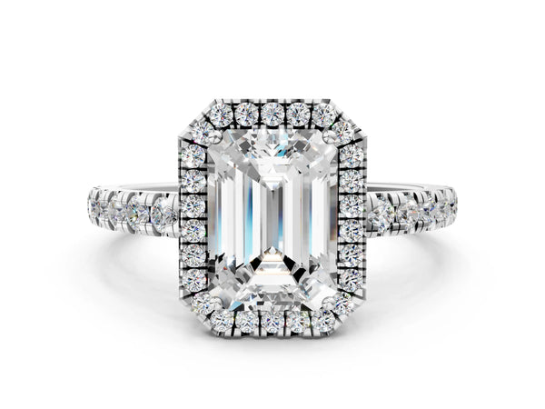 White gold Round Diamond Halo Ring with Pavé Band and Four-Prong Setting