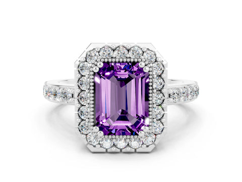White gold Emerald Cut Diamond Halo Ring with Pavé Band and Prong Setting