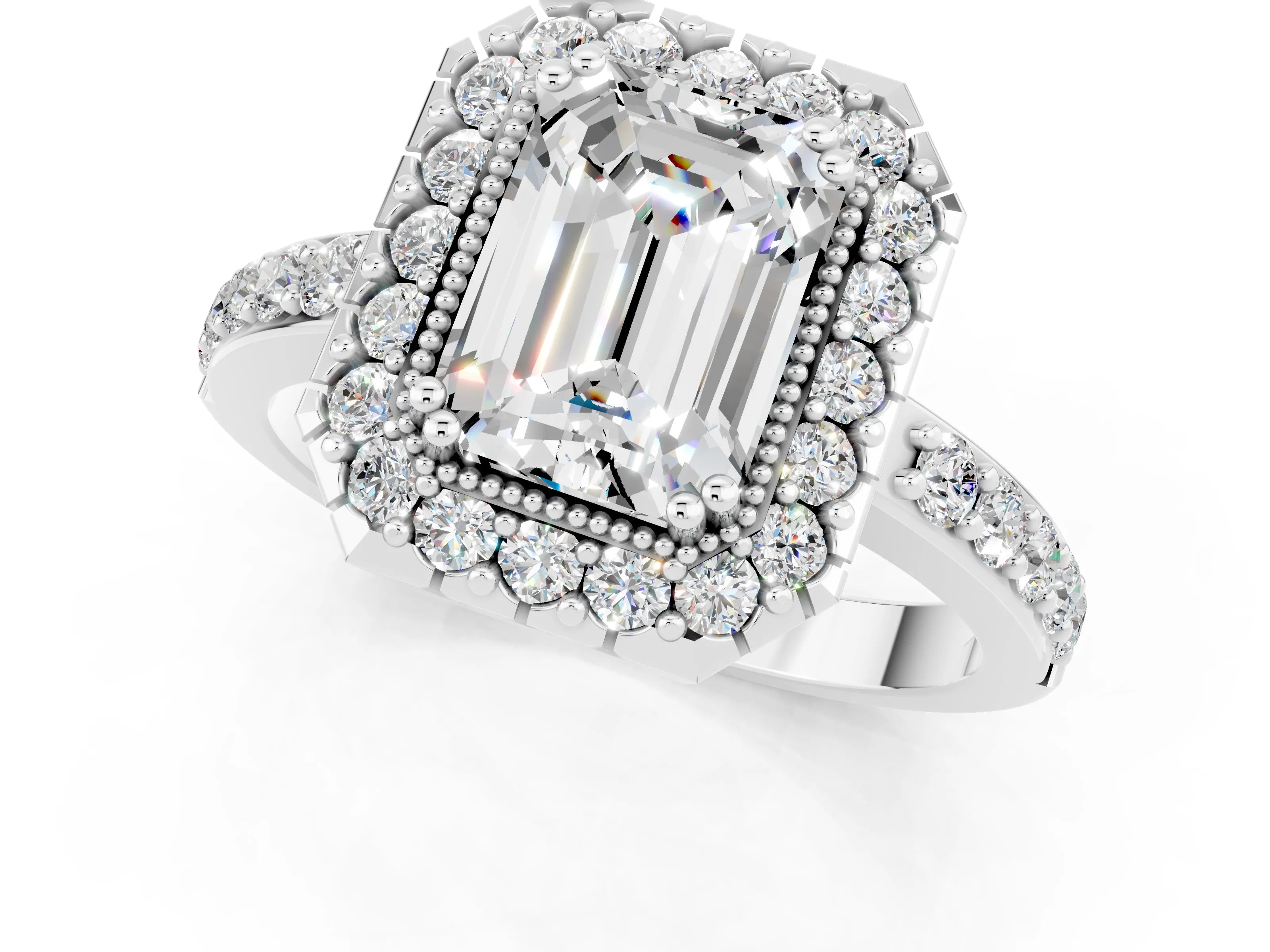 White gold Emerald Cut Diamond Halo Ring with Pavé Band and Prong Setting_1