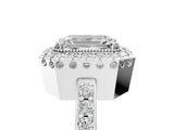 White gold Emerald Cut Diamond Halo Ring with Pavé Band and Prong Setting_12