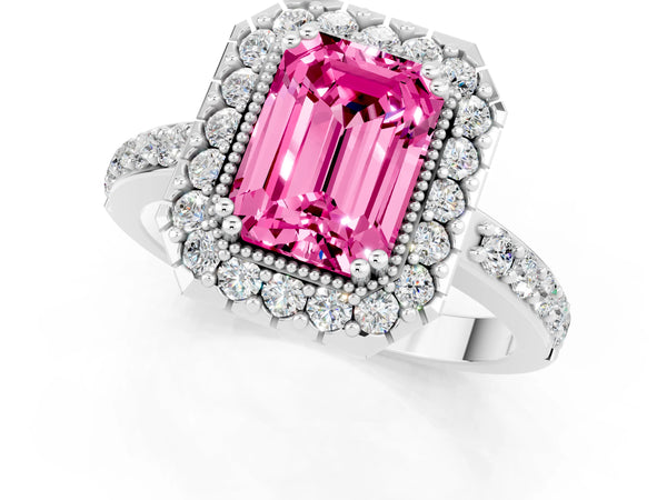 Silver Emerald Cut Pink Sapphire Halo Ring with Pavé Band and Prong Setting