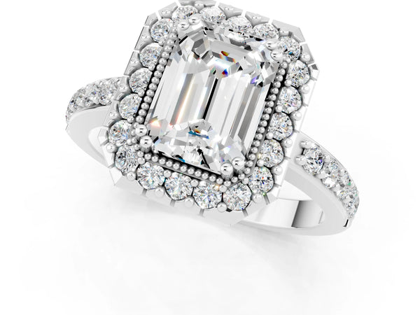 White gold Emerald Cut Moissanite Halo Ring with Pavé Band and Prong Setting