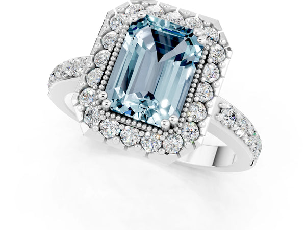 Silver Emerald Cut Aquamarine Halo Ring with Pavé Band and Prong Setting