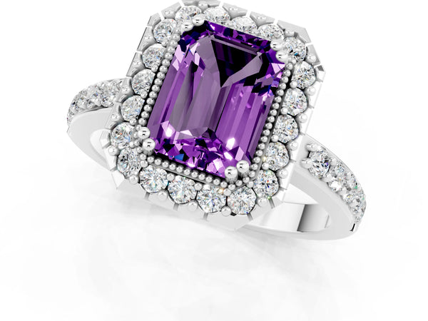 Silver Emerald Cut Amethyst Halo Ring with Pavé Band and Prong Setting