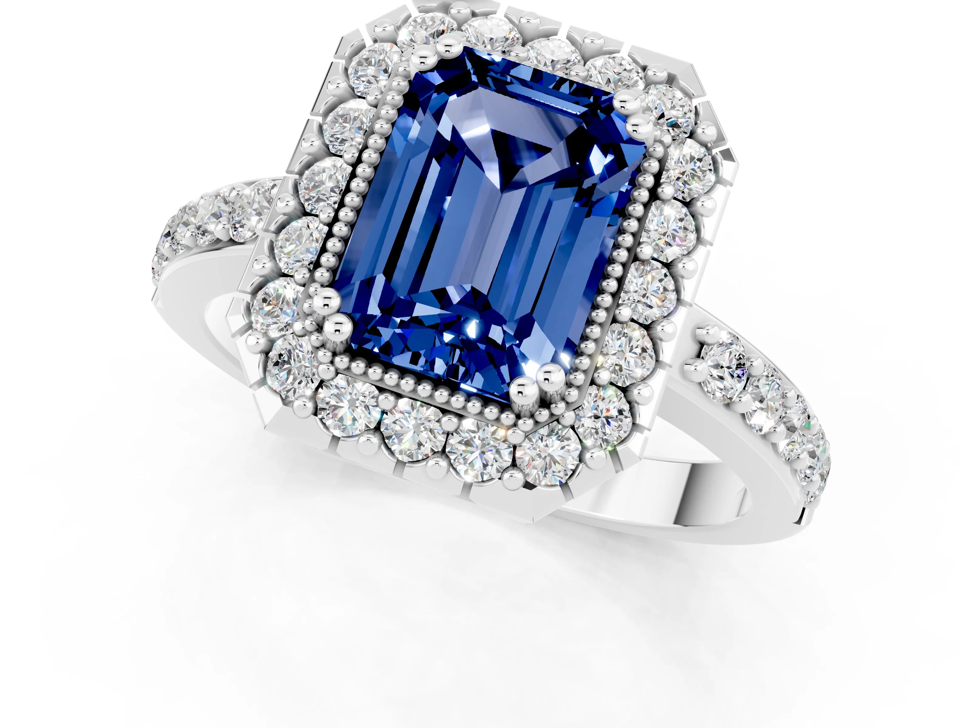 White gold Emerald Cut Diamond Halo Ring with Pavé Band and Prong Setting_1