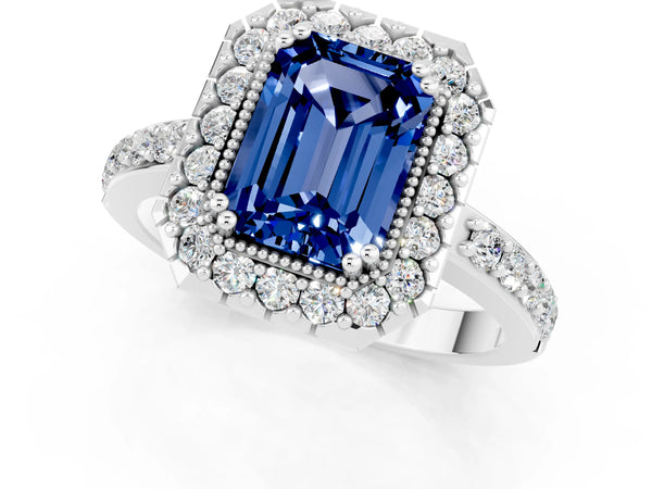 Platinum Emerald Cut Blue Sapphire Halo Ring with Pavé Band and Prong Setting