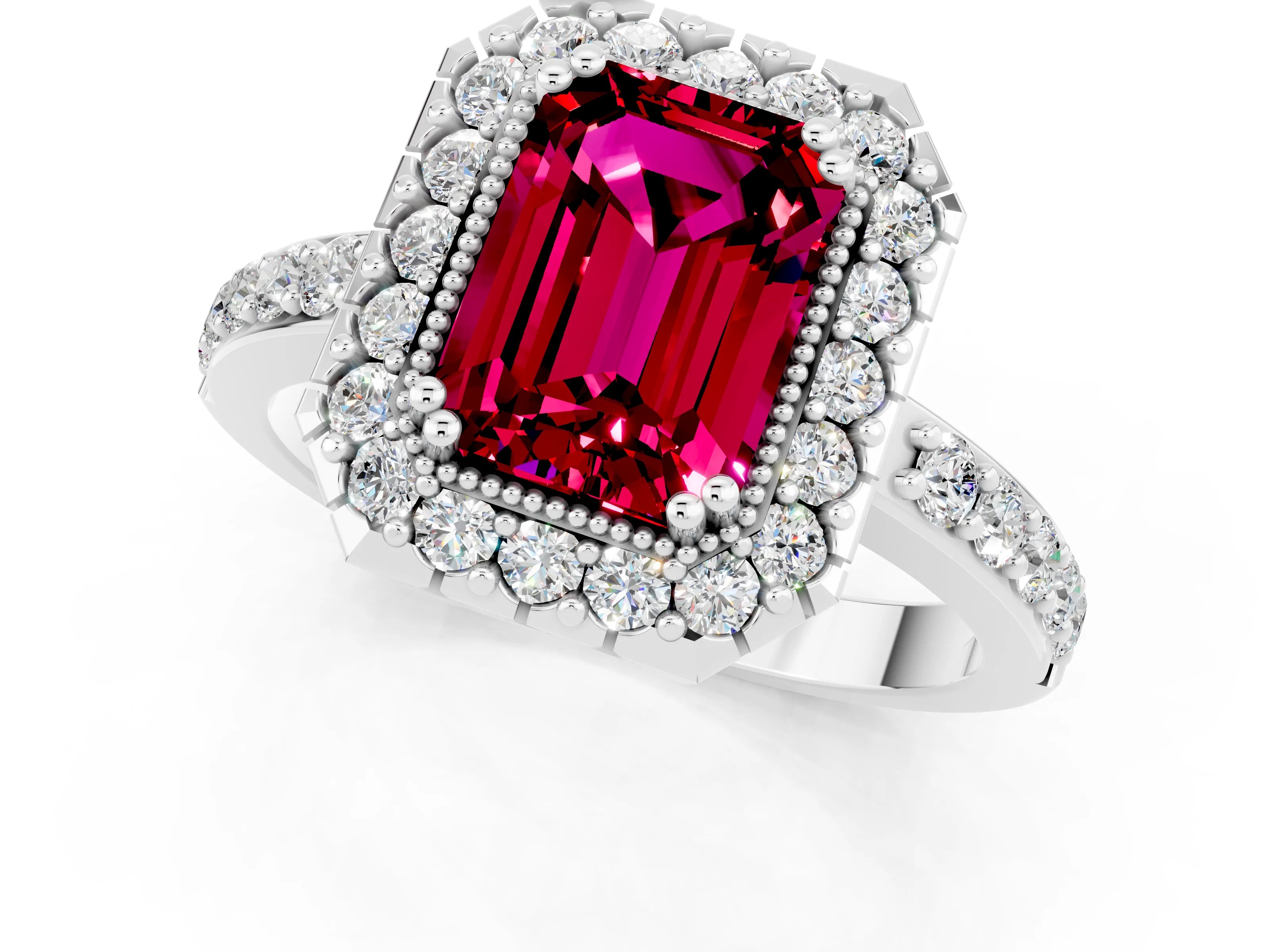 White gold Emerald Cut Diamond Halo Ring with Pavé Band and Prong Setting_1