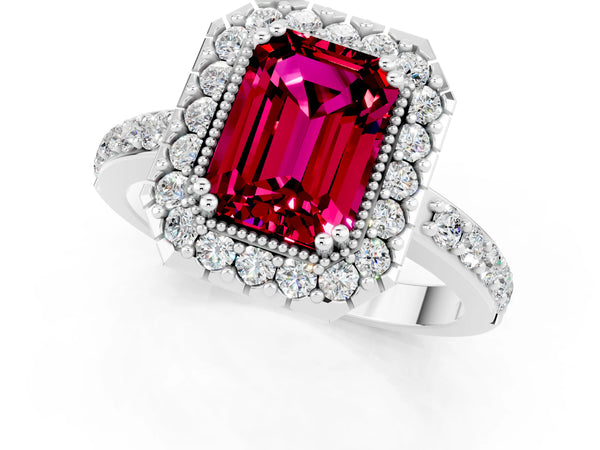 Platinum Emerald Cut Garnet Halo Ring with Pavé Band and Prong Setting