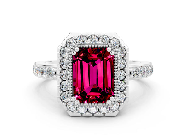 White gold Emerald Cut Garnet Halo Ring with Pavé Band and Prong Setting