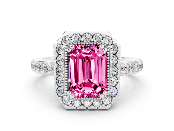 Silver Emerald Cut Pink Sapphire Halo Ring with Pavé Band and Prong Setting