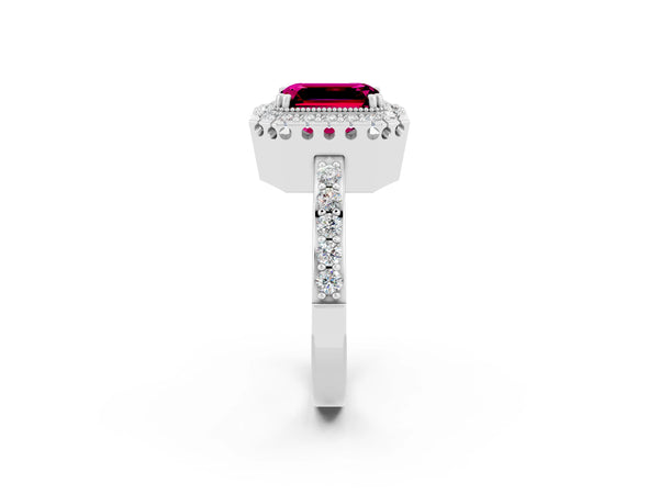 White gold Emerald Cut Garnet Halo Ring with Pavé Band and Prong Setting