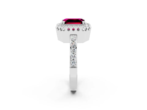 White gold Emerald Cut Diamond Halo Ring with Pavé Band and Prong Setting_2