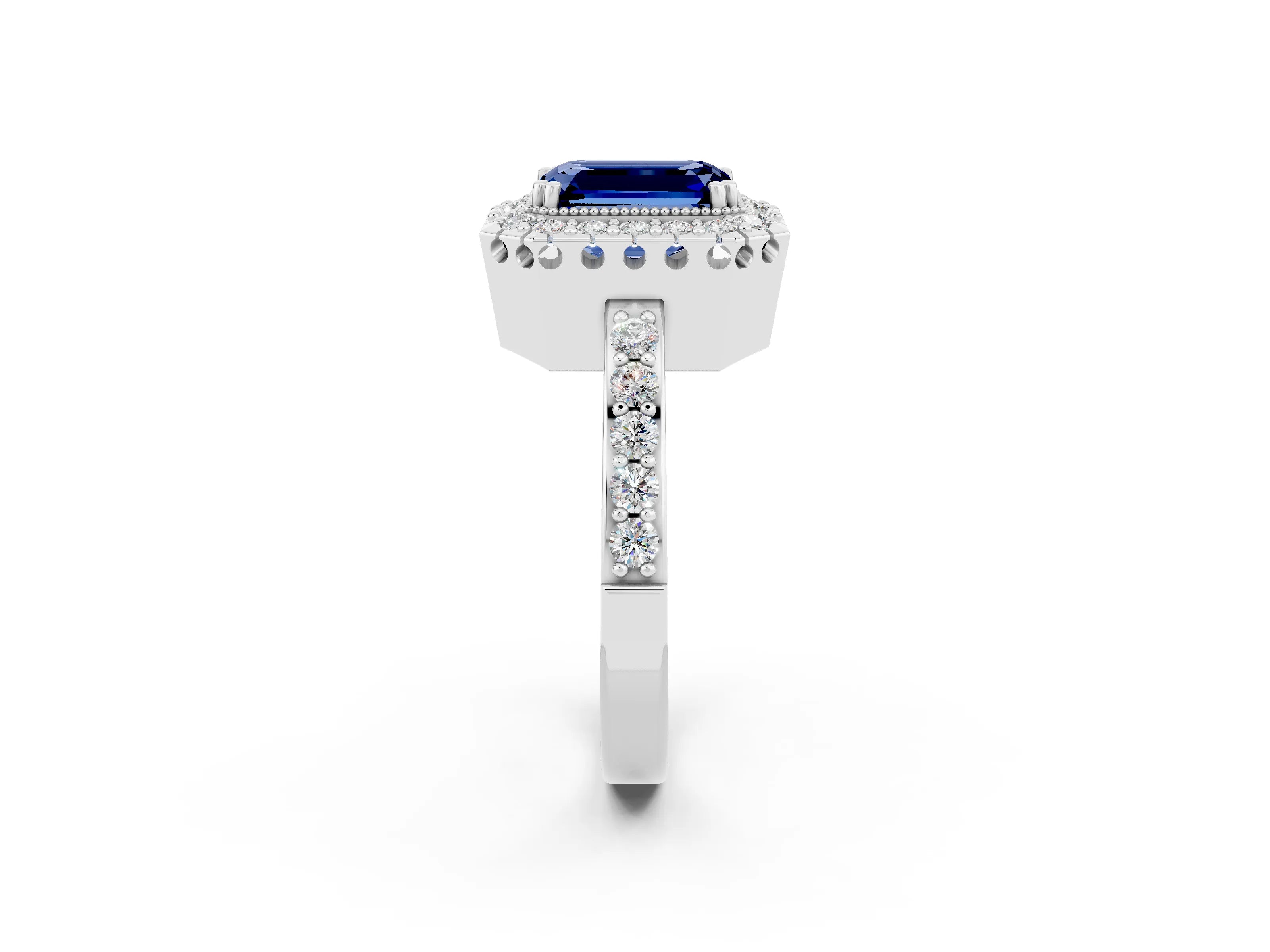 White gold Emerald Cut Diamond Halo Ring with Pavé Band and Prong Setting_2